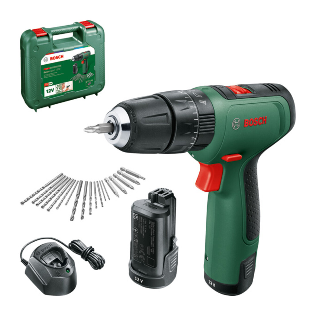 Bosch Trapano a percussione a 2 velocità EasyImpact 1200 a batteria, 2 batterie e caricabatterie