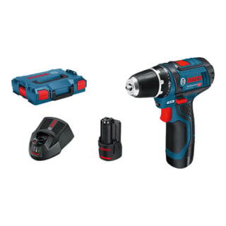 Bosch Trapano avvitatore a batteria GSR 12 V-15 FC con 2 batterie agli ioni di litio da 2,0 Ah L-BOXX, 1 attacco
