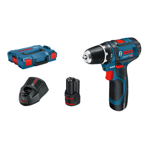 Bosch Trapano avvitatore a batteria GSR 12 V-15 FC con 2 batterie agli ioni di litio da 2,0 Ah L-BOXX, 1 attacco