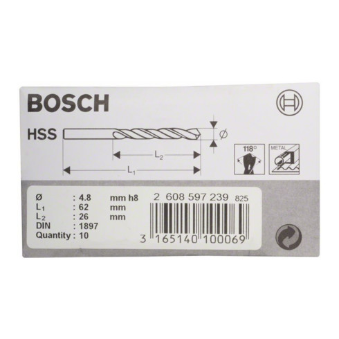 Bosch Punta per trapano HSS-R DIN 1897 4,8x26x62mm