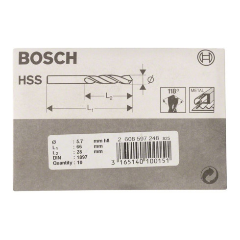 Bosch Punta per trapano HSS-R DIN 1897 5,7x28x66mm