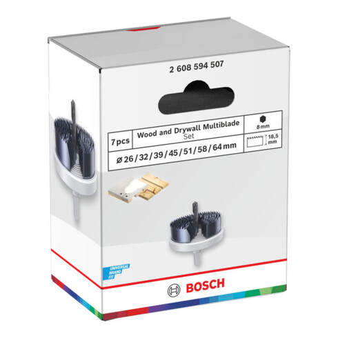 Bosch Wood and Drywall Lochsägen-Set mit Aufsteckhalter, 26/32/39/45/51/58/64 x 18,5mm