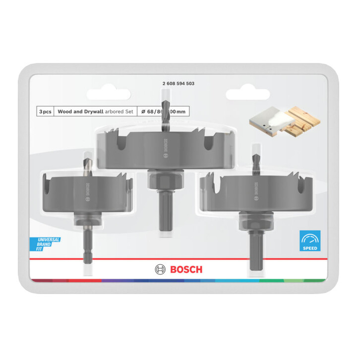 Bosch Wood and Drywall Lochsägen-Set mit Aufsteckhalter+Zentrierbohrer, 68/86/100x27mm
