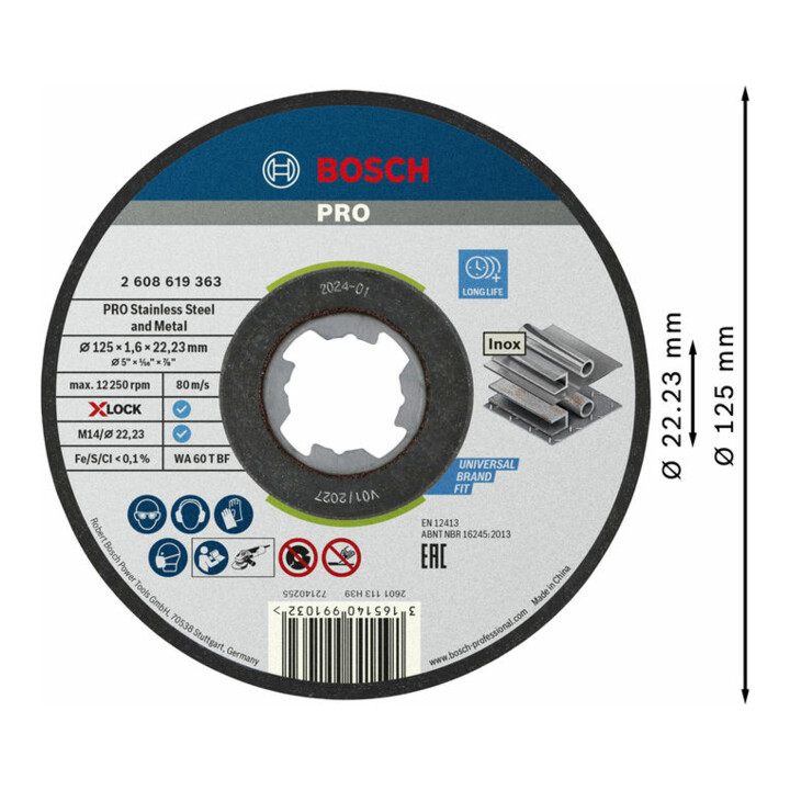 Bosch X-LOCK Standadrd for Inox-Set, T41, 10-teilig, 125 x 1,6 x 22,23 mm
