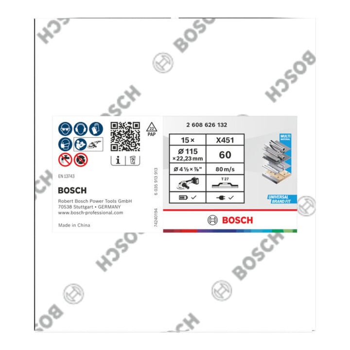 Bosch X451 lamellenschijf, 115 x 22,23 mm, K60, Z27, 15 stuks