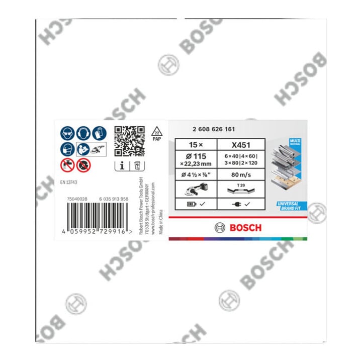 Bosch X451 Set lamellenschijven, 115 x 22,23 mm, K40/K60/K80/K120, Z29, 15-dlg