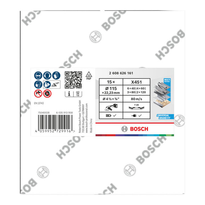 Bosch X451 Set lamellenschijven, 115 x 22,23 mm, K40/K60/K80/K120, Z29, 15-dlg