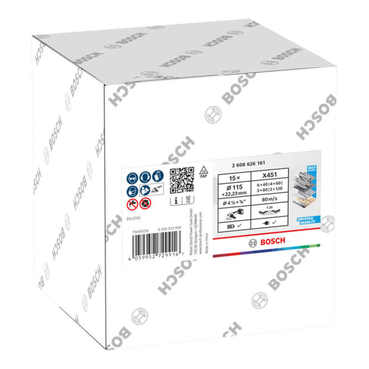 Bosch X451 Set lamellenschijven, 115 x 22,23 mm, K40/K60/K80/K120, Z29, 15-dlg
