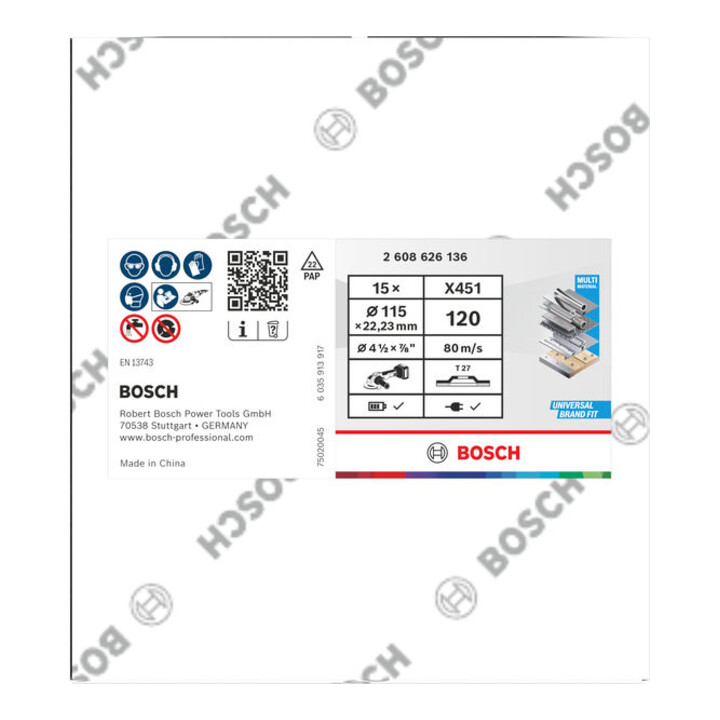 Bosch X451 Waaier-schuurblad, 115 x 22,23 mm, K120, Z27, 15 stuks