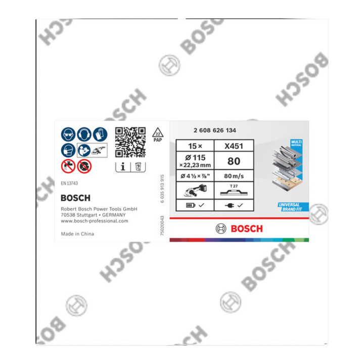 Bosch X451 Waaier-schuurblad, 115 x 22,23 mm, K80, Z27, 15 stuks
