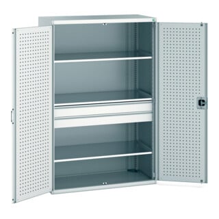 Bott Flügeltürschrank cubio 1300 x 650 x 2000 mm RAL 7035 mit 2 Schubladen 3 Fachböden