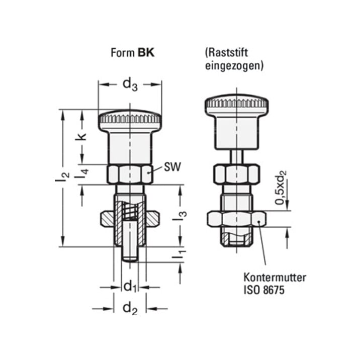 Boulons d'arrêt GN 817 d1 12 mm d2 M 20 x 1,5 mm l1 15 mm acier,sans cran de blo