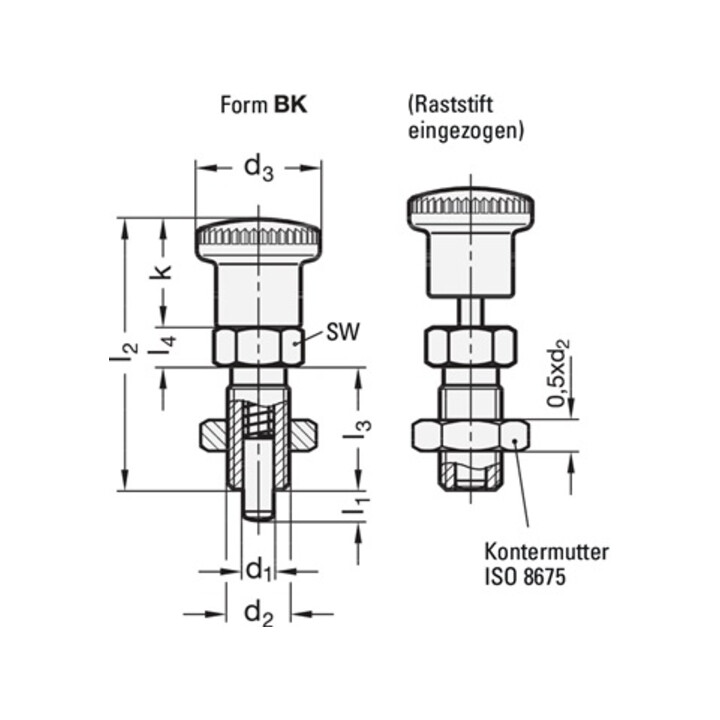 Boulons d'arrêt GN 817 d1 8 mm d2 M 16 x 1,5 mm l1 12 mm acier,sans cran de bloc