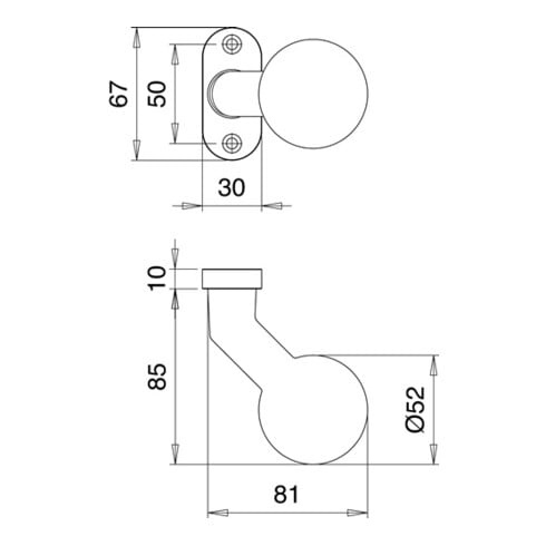 Bouton de porte profilé 1332/0000 Alu.F1 Fixation M12, couronné