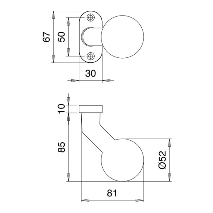Bouton de porte profilé 1332/0000 Alu.F1 Fixation M12, couronné