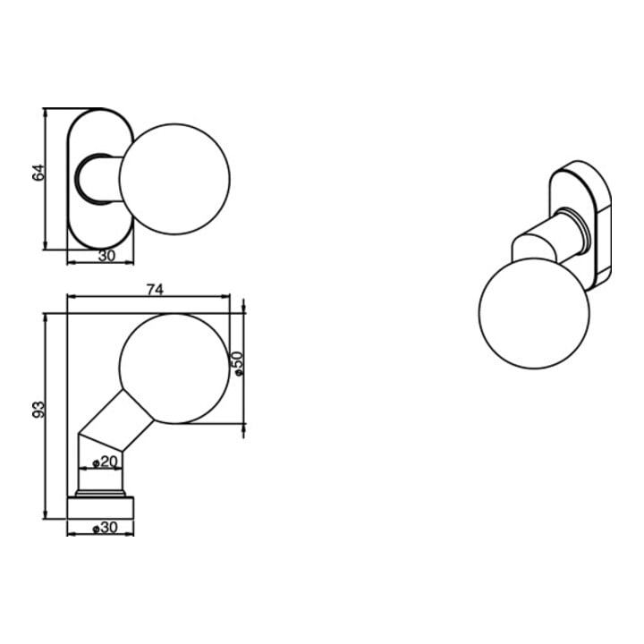 Bouton porte profilée inox 304 logement M6 coudé