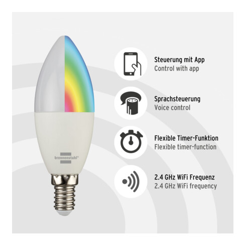 brennenstuhl Connect WLAN ampoule LED SB 400 E14 (Compatible avec Alexa et Google Assistant, aucun hub requis, ampoule intelligente 2,4 GHz avec application gratuite, 400lm)