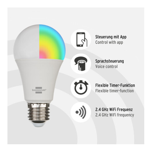 brennenstuhl Connect WLAN ampoule LED SB 800 E27 (Compatible avec Alexa et Google Assistant, aucun hub requis, ampoule intelligente 2,4 GHz avec application gratuite, 810lm)