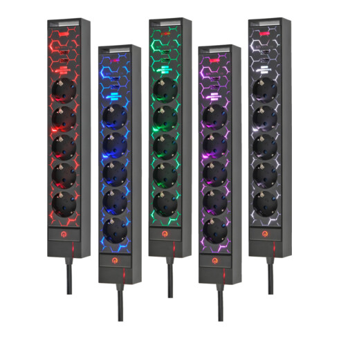 Brennenstuhl Gaming Steckdosenleiste GSL 05 USB mit LED Beleuchtung (5-fach beleuchtete Mehrfachsteckdose für Gaming-Setup mit LED Farbwechsel)