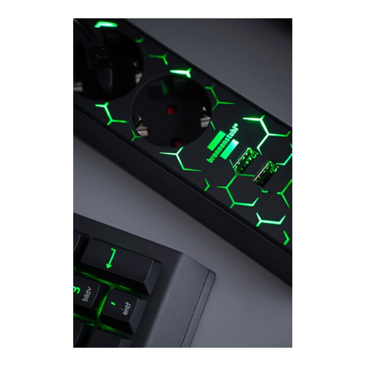 Brennenstuhl Gaming Steckdosenleiste GSL 05 USB mit LED Beleuchtung (5-fach beleuchtete Mehrfachsteckdose für Gaming-Setup mit LED Farbwechsel)