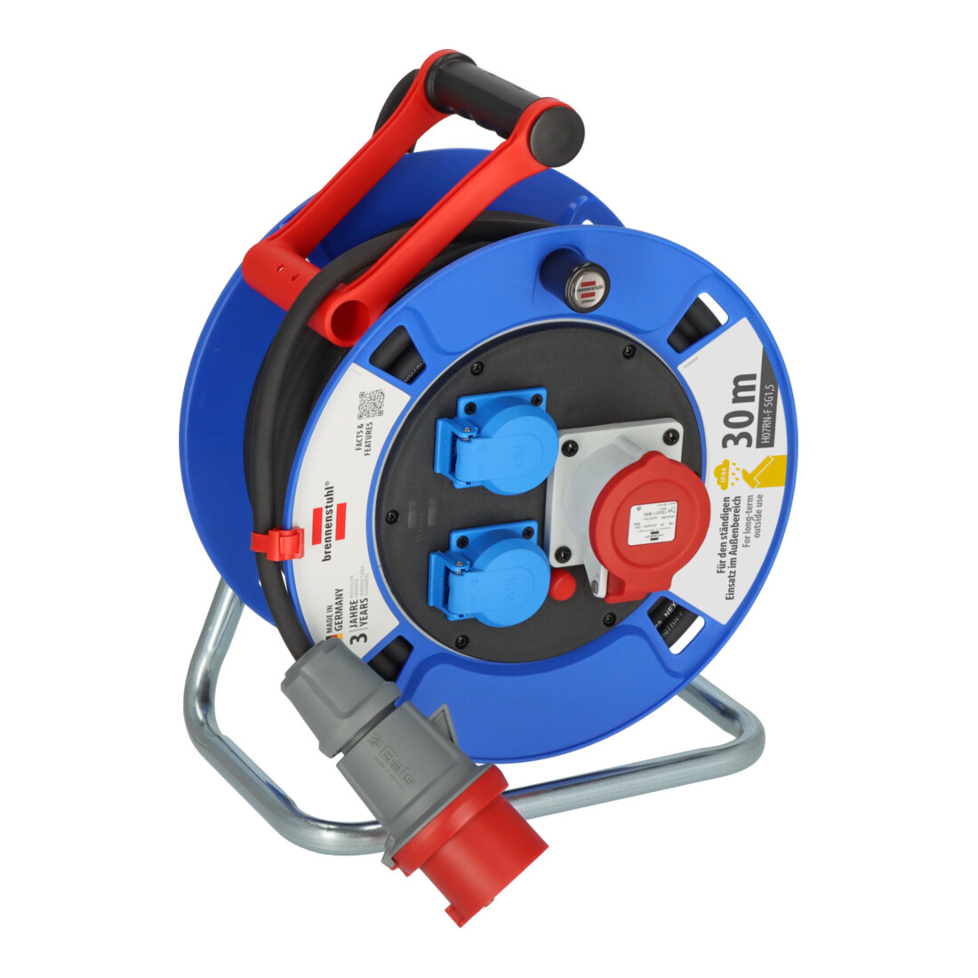 Brennenstuhl Garant CEE 1 IP44 Kabeltrommel (CEE-Kabeltrommel mit 30m Kabel in schwarz, aus Spezialkunststoff, für den ständigen Einsatz im Außenbereich, Made in Germany)