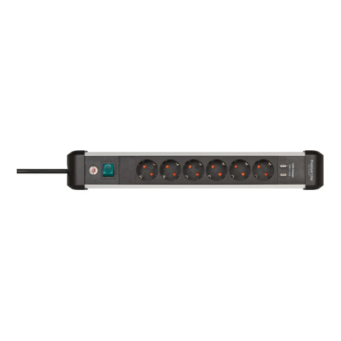 Brennenstuhl Premium-Alu-Line stekkerdoos met USB / stekkerdoos 6-voudig van hoogwaardig aluminium (stekkerdoos met 3 m kabel en schakelaar, 2-voudig USB 3.1 A, Made in Germany)