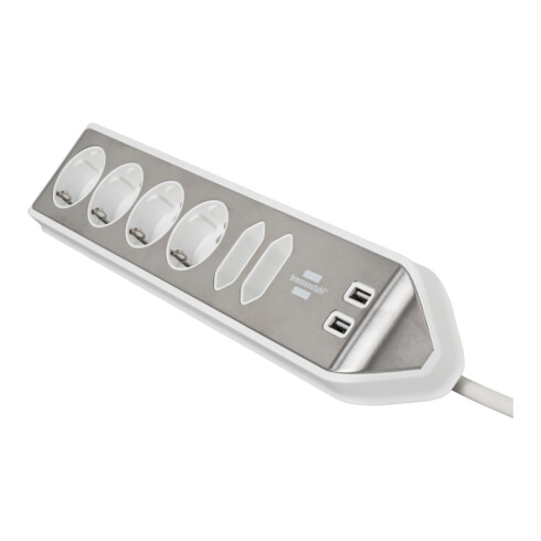 Brennenstuhl Presa angolare brennenstuhl®estilo a 6 vie, con funzione di ricarica USB, 4x prese di protezionee 2x Euro, argento/bianco