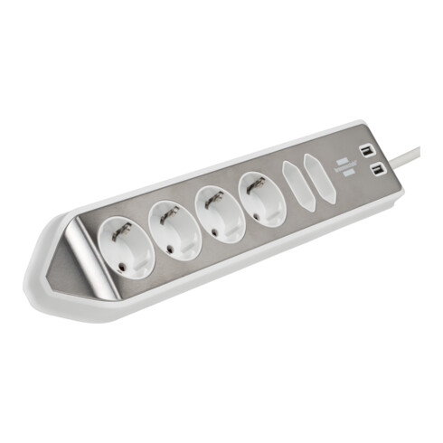 Brennenstuhl Presa angolare brennenstuhl®estilo a 6 vie, con funzione di ricarica USB, 4x prese di protezionee 2x Euro, argento/bianco
