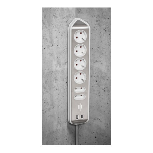 Brennenstuhl Presa angolare brennenstuhl®estilo a 6 vie, con funzione di ricarica USB, 4x prese di protezionee 2x Euro, argento/bianco