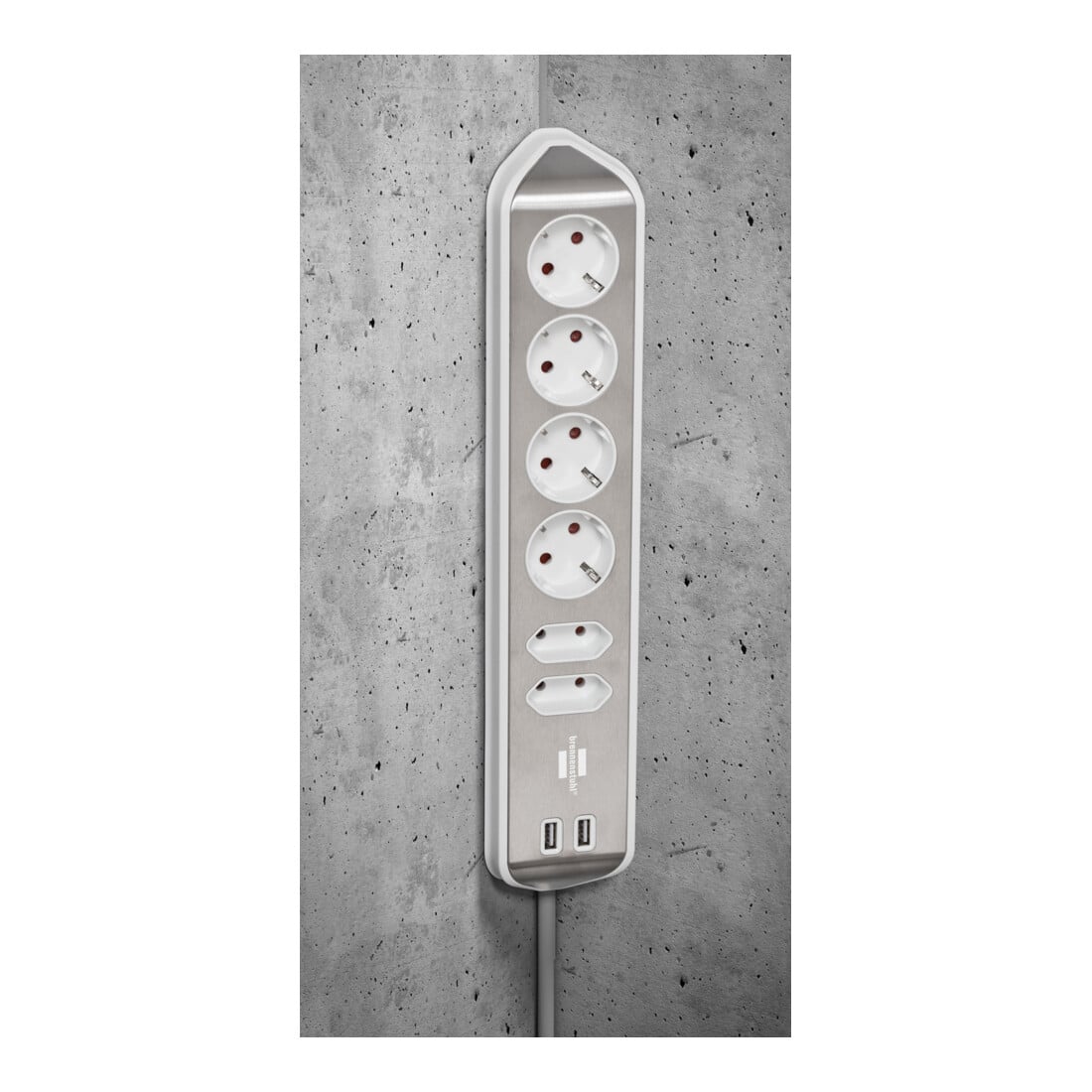 Brennenstuhl Presa angolare brennenstuhl®estilo a 6 vie, con funzione di ricarica USB, 4x prese di protezionee 2x Euro, argento/bianco