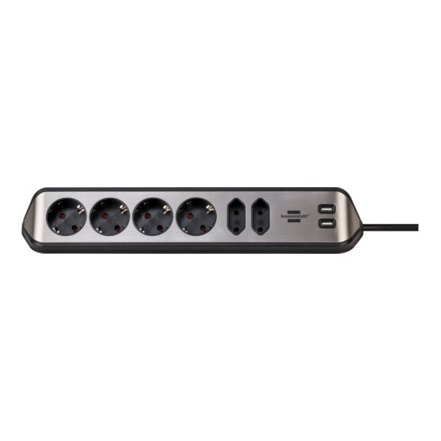 Brennenstuhl Presa angolare brennenstuhl®estilo a 6 vie, con funzione di ricarica USB, 4x Schuko e 2x Euro, argento/nero