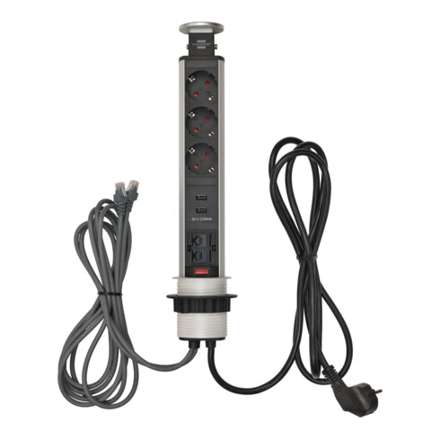 Brennenstuhl Presa LAN da tavolo a 3 vie con caricatore USB Tower Power 2xLAN-RJ45, 2xUSB, 2m H05VV-F 3G1,5 argento-nero