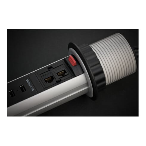 Brennenstuhl Presa LAN da tavolo a 3 vie con caricatore USB Tower Power 2xLAN-RJ45, 2xUSB, 2m H05VV-F 3G1,5 argento-nero