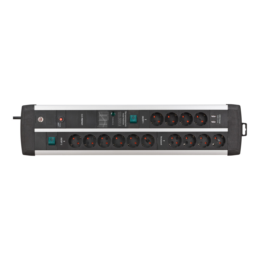 Brennenstuhl Presa multipla a 14 vie con protezione da sovratensione Premium-Protect-Line 120.000A e funzione di ricarica USB, DUO 3m, H05VV-F 3G1,5