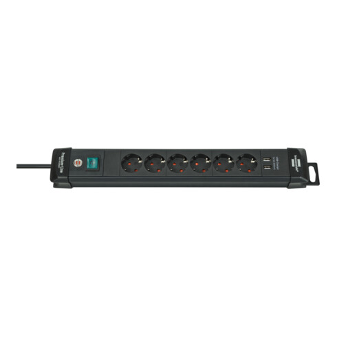 Brennenstuhl Presa multipla a 6 vie Premium-Line con funzione di ricarica USB, nera, 3m H05VV-F 3G1,5
