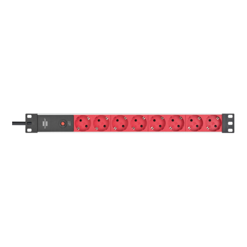 Brennenstuhl Presa multipla a 8 vie per armadi elettrici Alu-Line 19" con interruttore automatico 10A e spina di rete IEC C14, argento/rosso, 2m, H05VV-F 3G1.0