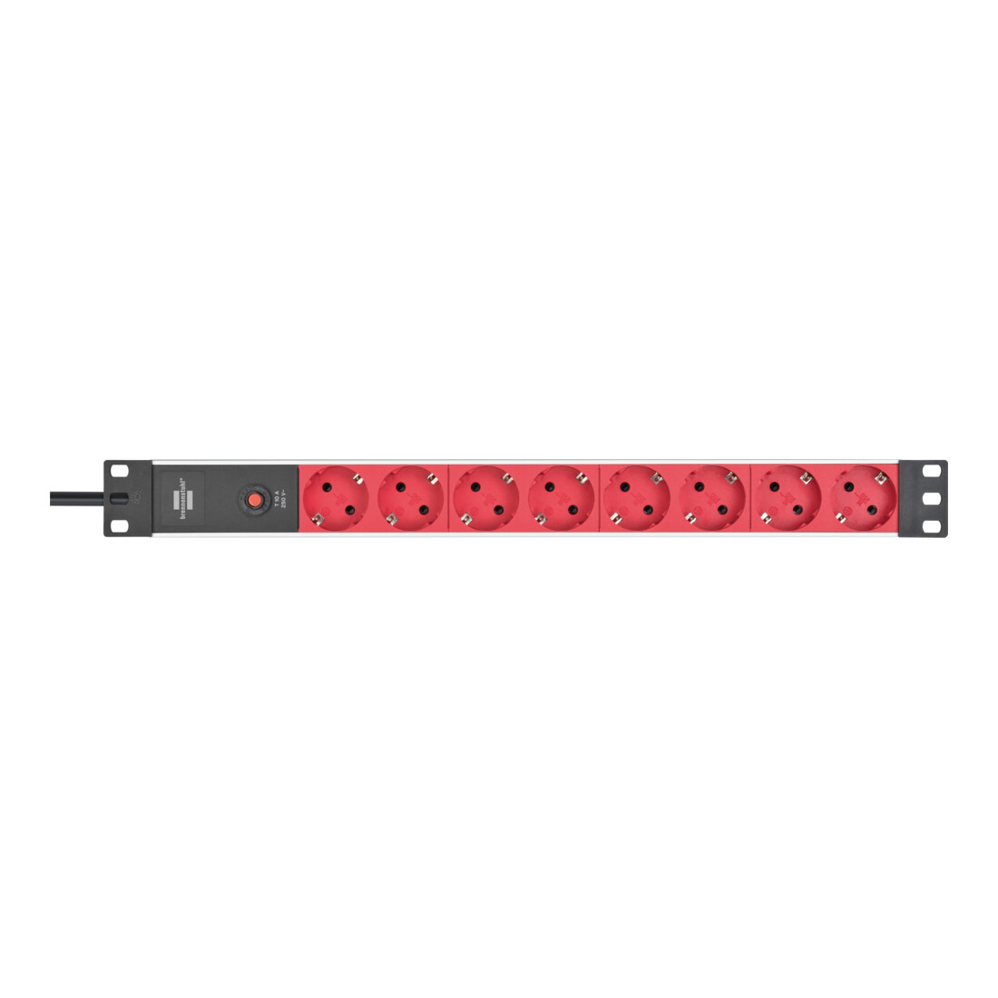 Brennenstuhl Presa multipla a 8 vie per armadi elettrici Alu-Line 19" con interruttore automatico 10A e spina di rete IEC C14, argento/rosso, 2m, H05VV-F 3G1.0