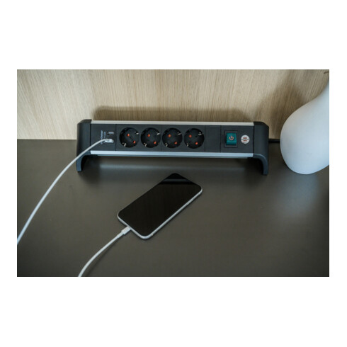 Brennenstuhl Presa multipla Alu-Office-Line a 4 vie, con funzione di ricarica USB, 1,8m H05VV-F 3G1.5