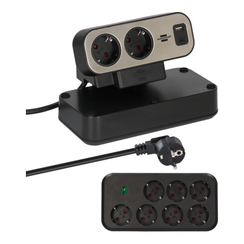 brennenstuhl®estilo Duplex Tischsteckdosenleiste mit Schalter und Überspannungsschutz (Steckdosenleiste mit USB C Power Delivery, 1x USB C und 1x USB A, 9x Schutzkontakt-Steckdosen, 2m) silber/schwarz