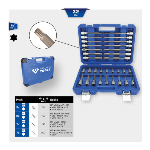 Brilliant Tools 1/2" dopsleutelset, 32 dlg, RIBE-profiel