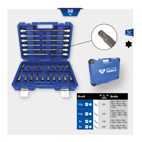 Brilliant Tools 1/2" dopsleutelset, 32-dlg, Torx-profiel