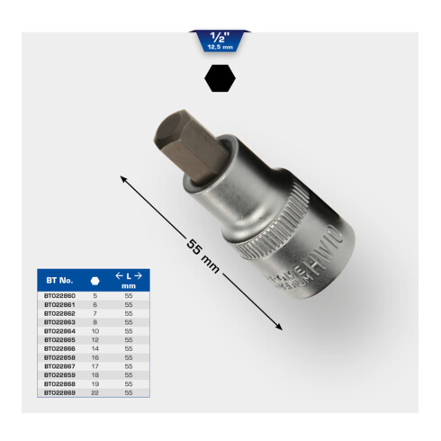 Brilliant Tools 1/2" inbusbitdop, 55 mm lang, 18 mm