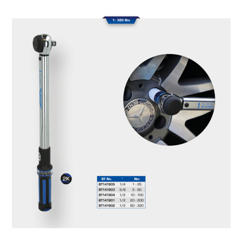 Brilliant Tools 1/2" Momentsleutel met draaiknop-omkeerknop ratelkop, 10 - 100 Nm