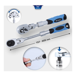 Brilliant Tools 1/4" omschakelbare ratel met telescoop en flexibele kop (175 - 225 mm)