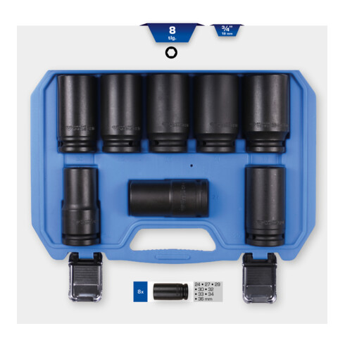 Brilliant Tools 3/4" Kraft-Stecknuss-Satz, Sechskant, 8-tlg, lang, 24 - 36 mm