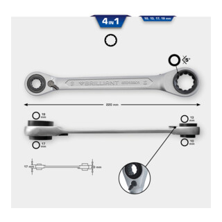 Brilliant Tools 4 in 1, Doppel-Ratschenringschlüssel, 10 x 13, 17 x 19 mm