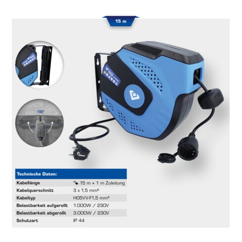 Brilliant Tools Automatische kabelhaspel, 15 + 1 m