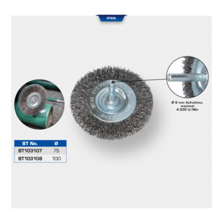 Brilliant Tools Brosse disque, Ø 75 mm avec arbre de 6 mm