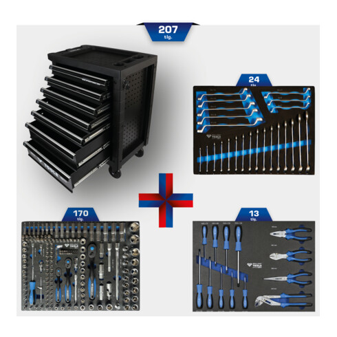 Brilliant Tools Chariot d’atelier avec 7 tiroirs et 207 outils