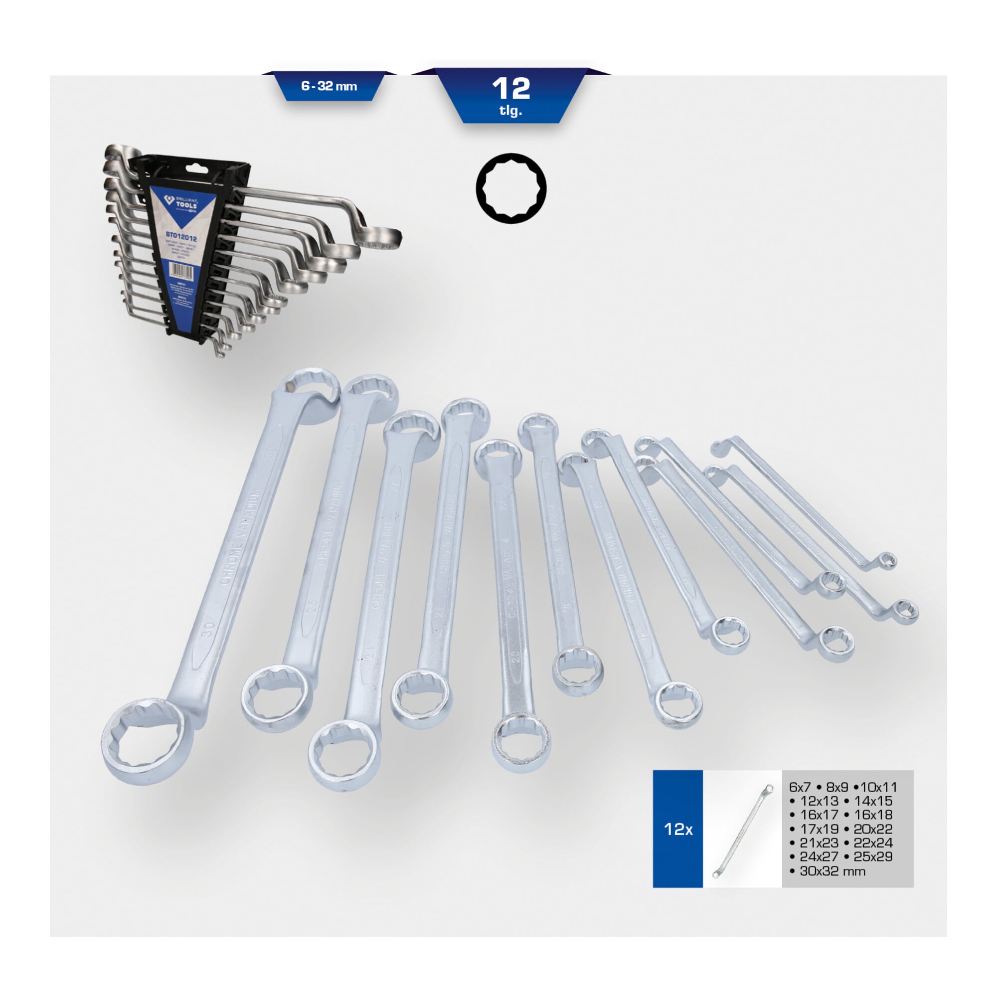 Brilliant Tools Doppel-Ringschlüssel-Satz, gekröpft, 12-tlg